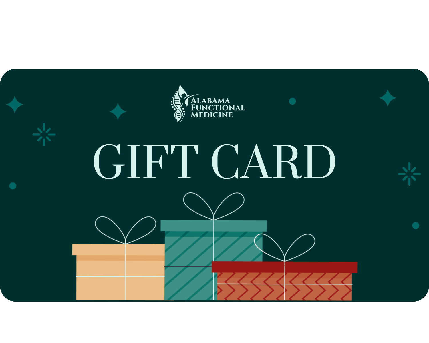 Gift card with colorful presents and Alabama Functional Medicine logo on a dark green background
