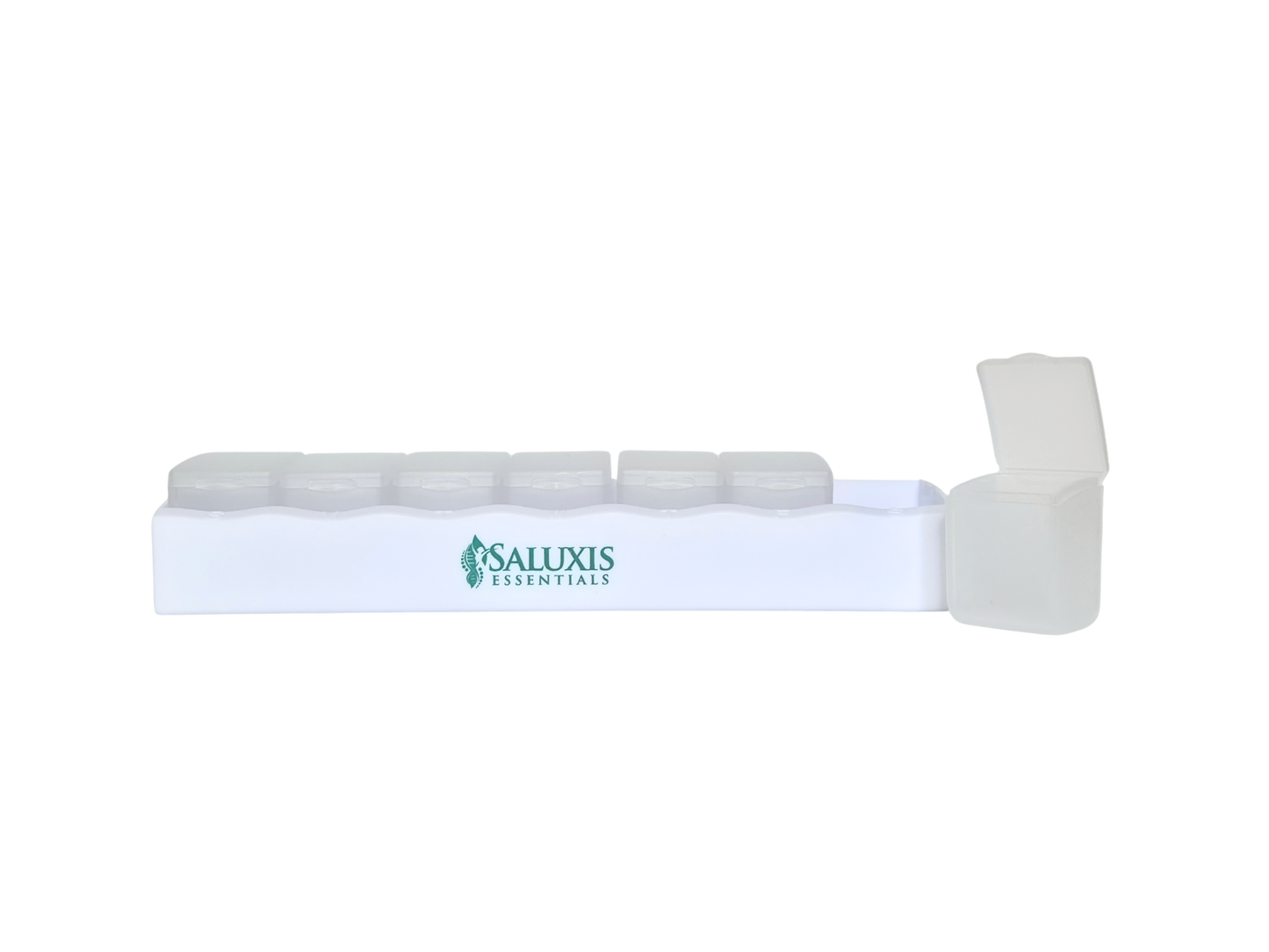 Saluxis Essentials Pill Holder or Organizer in White with Dark Teal Logo