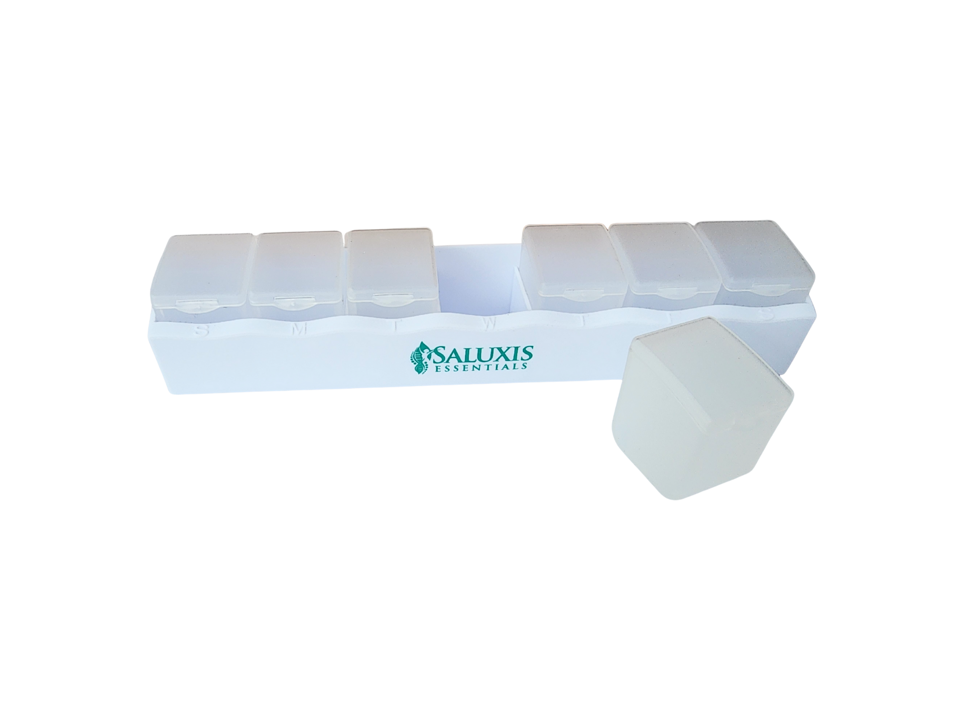 Saluxis Essentials Pill Organizer or Holder in White with Dark Teal Logo