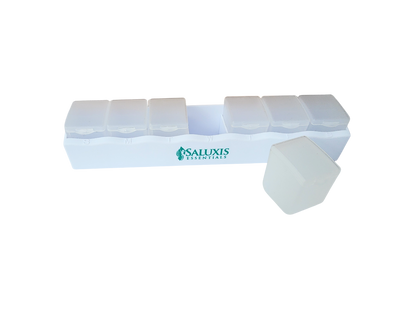 Saluxis Essentials Pill Organizer or Holder in White with Dark Teal Logo